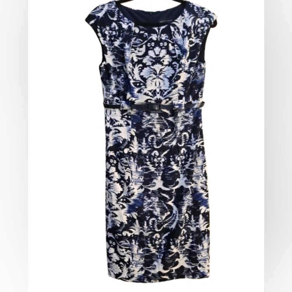 Connected Apparel‎ Blue and White Floral And Abstract Print Midi Dress - Size 6